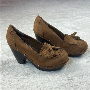 Y2K Unionbay chunky heel suede and stud tassle loafer heels, size 9